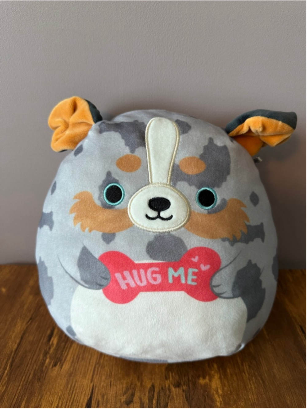 Squishmallows Dog Plush Hug Me Bone Gray White Spotted Puppy 8 Inch